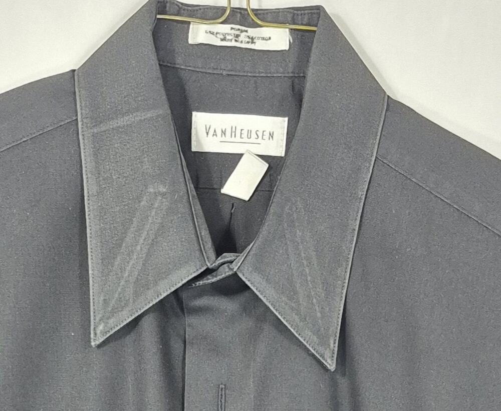Van Heusen Mens Black Wrinkle Free Dress Shirt L Large 16 32 33 Poplin Button Up - Picture 5 of 7